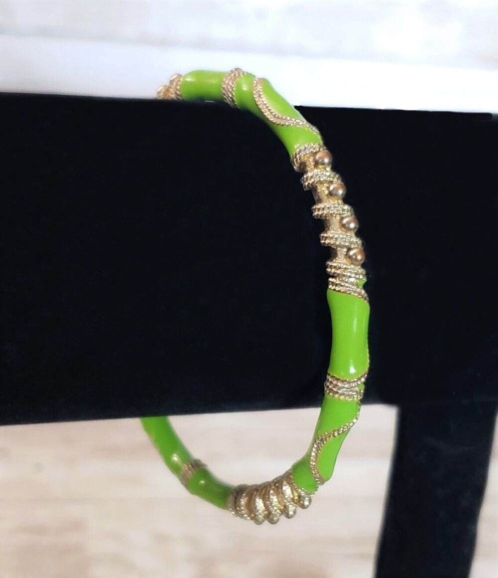 Vintage Bracelet / Bangle Very Ornate Green & Gold Tone